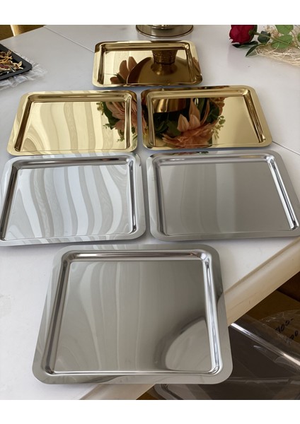 Paslanmaz Çelik Kare Model Gold ve Gümüş 6 Lı Sunum Tepsisi