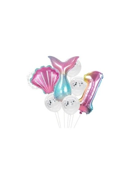 Deniz Kızı Balon 7li Set ( Denizkızı Deniz Kabuğu Rakam Balon ve Pullu Şeffaf Balon Buketi )