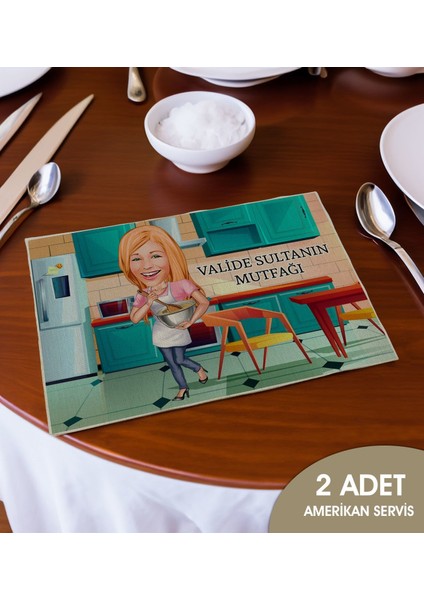 Kişiye Özel Karikatürlü 2’li Keten Amerikan Servis Seti-3, Ev Hediyesi,baskılı Servis Bezi, Mutfak Dekoru
