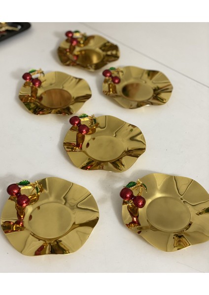 Gold Renk Dalgalı Model Kiraz Akseauarlı 6 Lı Çay Tabağı