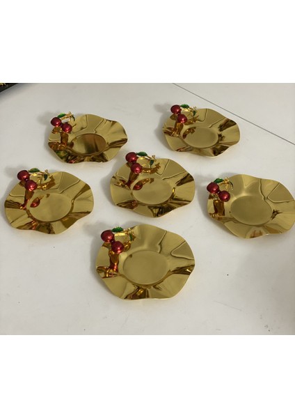 Gold Renk Dalgalı Model Kiraz Akseauarlı 6 Lı Çay Tabağı