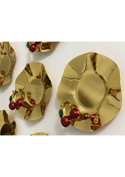 Gold Renk Dalgalı Model Kiraz Akseauarlı 6 Lı Çay Tabağı