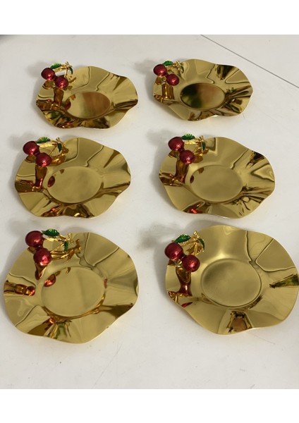 Gold Renk Dalgalı Model Kiraz Akseauarlı 6 Lı Çay Tabağı
