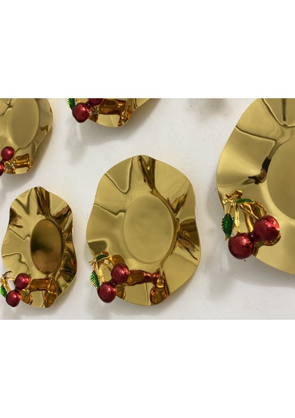 Gold Renk Dalgalı Model Kiraz Akseauarlı 6 Lı Çay Tabağı