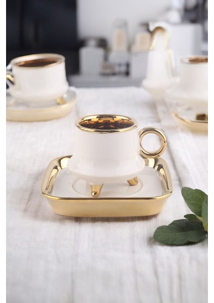 Violet 6 Kişilik Gold Yaldızlı Porselen Kahve Fincan Takımı Beyaz