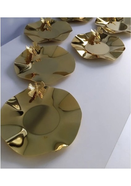 6 Li Gold Dalgali Model Kelebek Aksesuarlı Çay Tabağı Lux Sunum