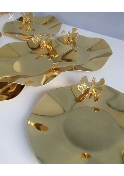 6 Li Gold Dalgali Model Kelebek Aksesuarlı Çay Tabağı Lux Sunum