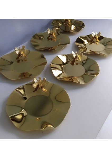 6 Li Gold Dalgali Model Kelebek Aksesuarlı Çay Tabağı Lux Sunum