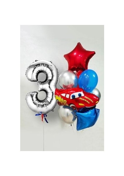 Şimşek Mcqueen Arabalar Temalı Balon Seti 76CM Gümüş Rakam Balonlu Yıldızlı Set