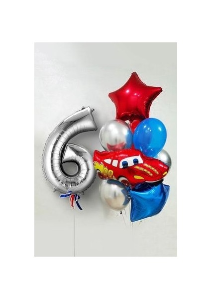 Şimşek Mcqueen Arabalar Temalı Balon Seti 76CM Gümüş Rakam Balonlu Yıldızlı Set