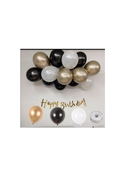 Balon Zinciri Siyah Gold Balon Seti Happy Birthday