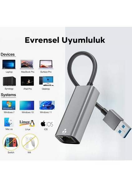 Süper Hızlı 1000MBPS USB To RJ45 Dönüştürücü, Gösterge Işıklı USB To RJ45 Ethernet Lan Port Adaptör