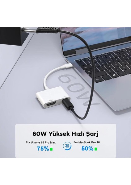 Type C To 1x Type C ve 1x 4K Hdmi Girişli Çevirici Adaptör. Iphone 15,macbook Uyumlu Hdmi Çevirici