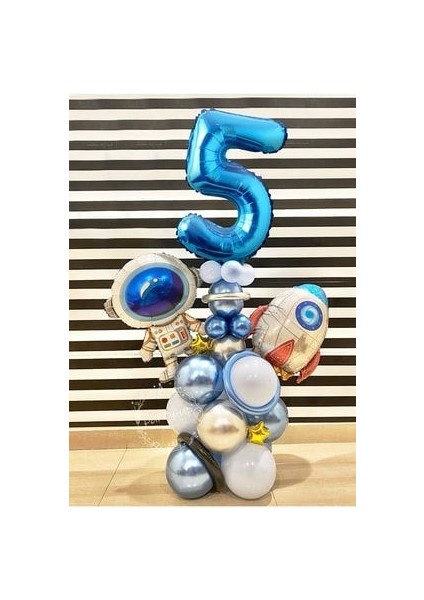 Astronot Roket Uzay Temalı 5 Yaş Mavi Rakamlı Balon Seti