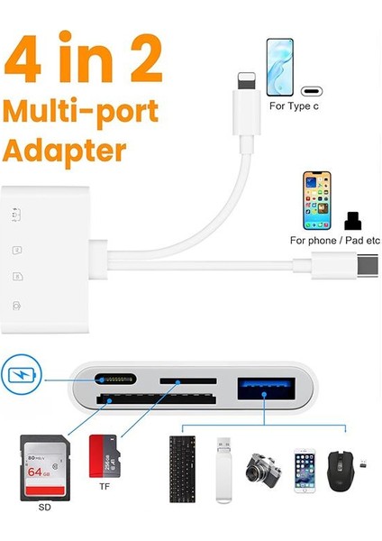 4in2 Type-C ve Lightning Çift Girişli 1xsd-Tf Kart, 1x Type C ve 1x USB Otg Çevirici Adaptör