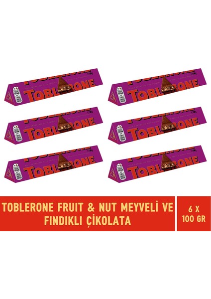 Fruit & Nut Meyveli ve Fındıklı Tablet Çikolata 100 gr - 6 Adet