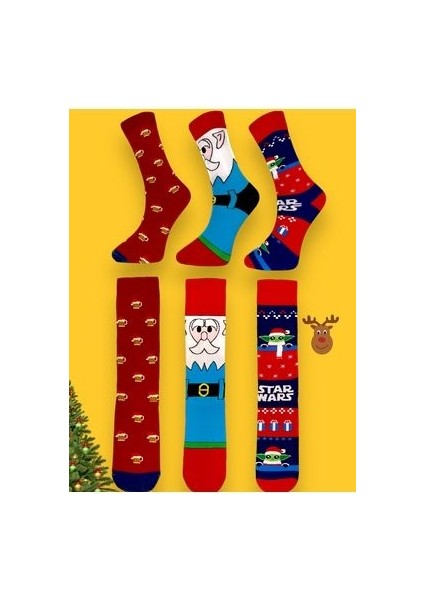 3 Çift Yılbaşı Çorapları Renkli Desenli Noel Baba Star Wars Detaylı Noel Erkek Kadın Çorap