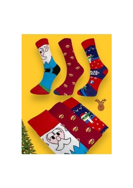 3 Çift Yılbaşı Çorapları Renkli Desenli Noel Baba Star Wars Detaylı Noel Erkek Kadın Çorap fiyatları