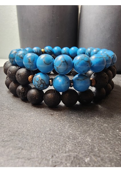 Lav Taşı, Mavi Havlit ve Hematit Orjinal Doğal Taş Kadın ve Erkek Takım Bileklik / Denge, Empati ve Sağlık