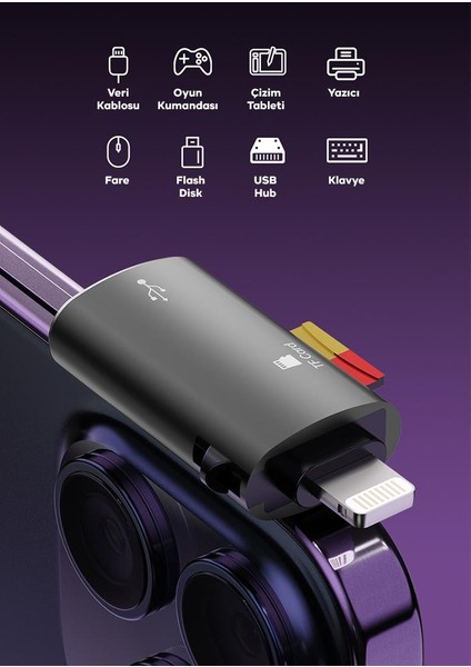 Iphone Lightning Girişli Hafıza Kart ve USB Okuyucu Adaptör, 1x Tf Kart ve 1x USB Çevirici