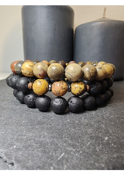 Lav Taşı, Jasper ve Hematit Orjinal Doğal Taş Kadın ve Erkek Takım Bileklik / Denge, Performans ve Sağlık