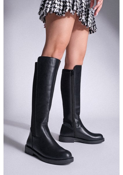Kadın Günlük Çizme Lastikli Streç Dizaltı Enpar Siyah