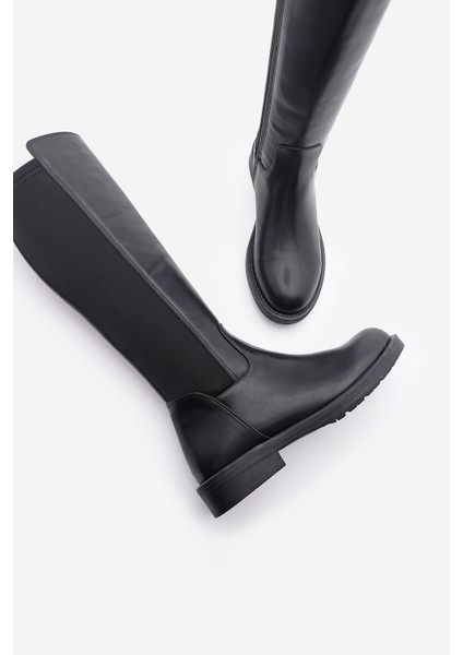 Kadın Günlük Çizme Lastikli Streç Dizaltı Enpar Siyah