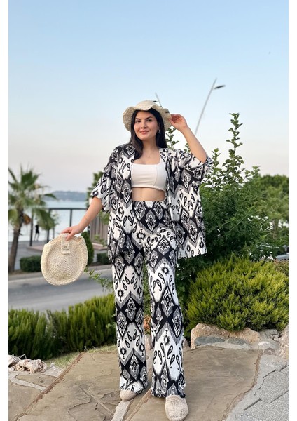 Siyah Renk Desenli Ikili Kimono Takım ( Rahat Kalıp ) fiyatları