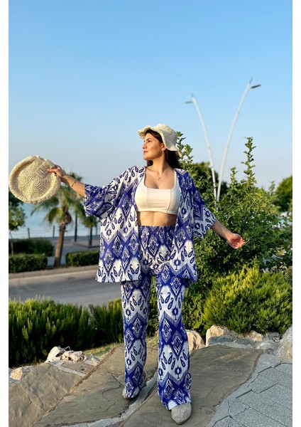 Mavi Renk Moda Desenli Ikili Kimono Takım ( Rahat Kalıp )