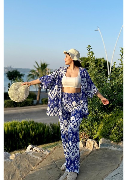 Mavi Renk Moda Desenli Ikili Kimono Takım ( Rahat Kalıp ) modelleri