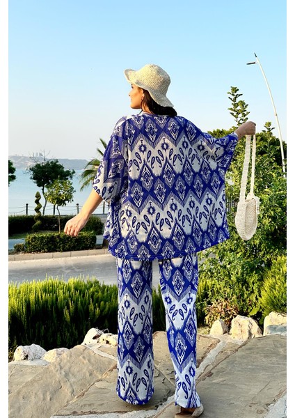 Mavi Renk Moda Desenli Ikili Kimono Takım ( Rahat Kalıp ) fırsatları