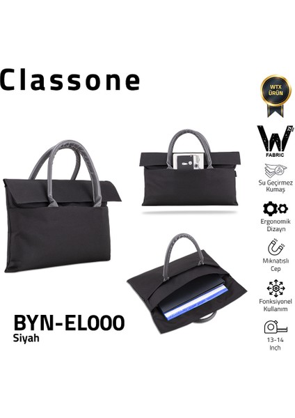 BYN-EL000 Wtxpro Su Geçirmez Kumaş 13-14 Inch Bayan Laptop, Notebook, Macbook Air El Çantası- Tote Bag - Siyah