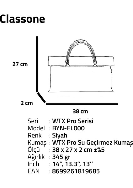 BYN-EL000 Wtxpro Su Geçirmez Kumaş 13-14 Inch Bayan Laptop, Notebook, Macbook Air El Çantası- Tote Bag - Siyah