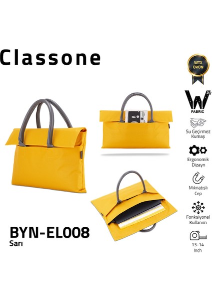 BYN-EL008 Wtxpro Su Geçirmez Kumaş 13-14 Inch Bayan Laptop El Çantası- Tote Bag - Sarı