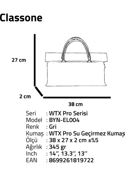 BYN-EL004 Wtxpro Su Geçirmez Kumaş 13-14 Inch Bayan Laptop El Çantası- Tote Bag - Gri