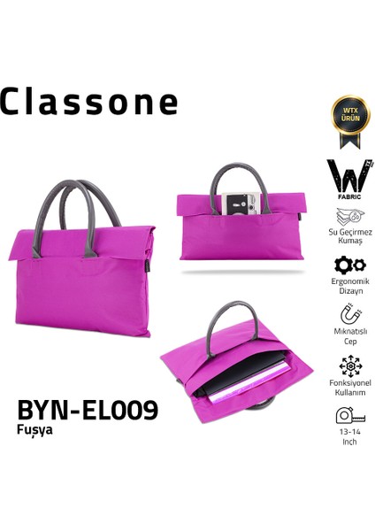 BYN-EL009 Wtxpro Su Geçirmez Kumaş 13-14 Inch Bayan Laptop El Çantası- Tote Bag- Fuşya