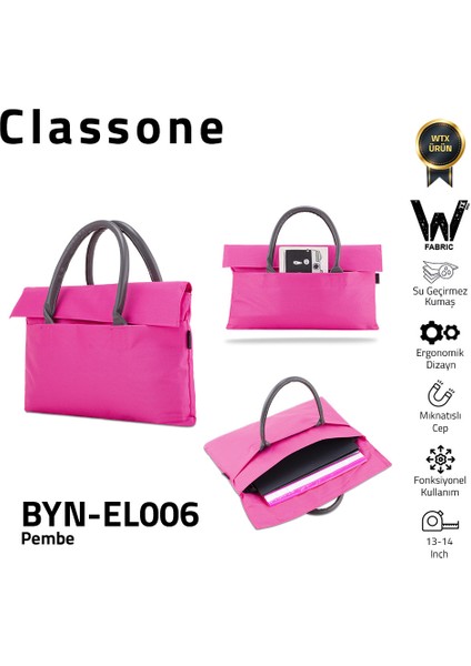 BYN-EL006 Wtxpro Su Geçirmez Kumaş 13-14 Inch Bayan Laptop El Çantası- Tote Bag- Pembe