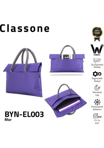 BYN-EL003 Wtxpro Su Geçirmez Kumaş 13-14 Inch Bayan Laptop El Çantası- Tote Bag - Mor