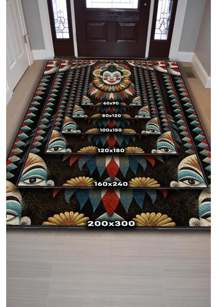 Geometrik Desenli Palyaço Temalı Halı Çok Renkli Oturma Odası Halısı Etnik Palyaço Halısı