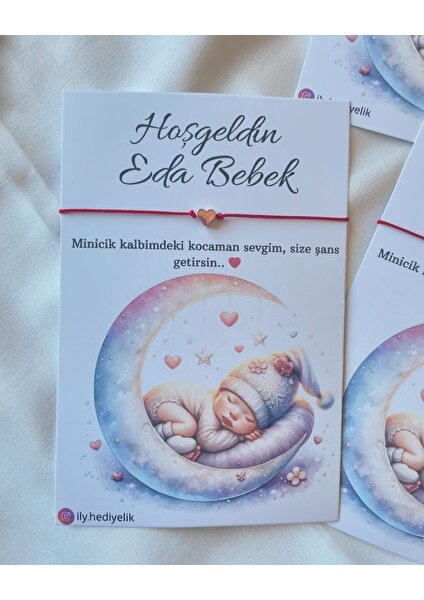 İLY Hediyelik 30 Adet Kalpli Şans Bilekliği ve Bebek Doğum Hatırası Kartı - Doğum Tebrik Kartı -