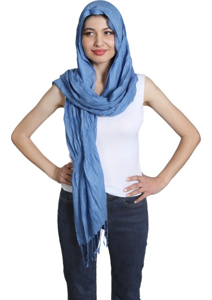 Mavi Polyester - Cotton Eşarp Şal