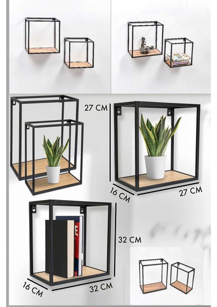 Dekoratif 2'li Küp Set Siyah Metal Duvar Rafı Kitaplık Saksılık Ahşap Tabla 15 kg Yük Kapasiteli