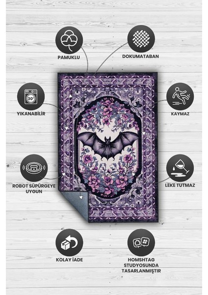 Mor Gotik Yarasa Desenli Korku Temalı Salon Halısı Mor Renk Halı Gotik Korku Sanatı Halısı fırsatları
