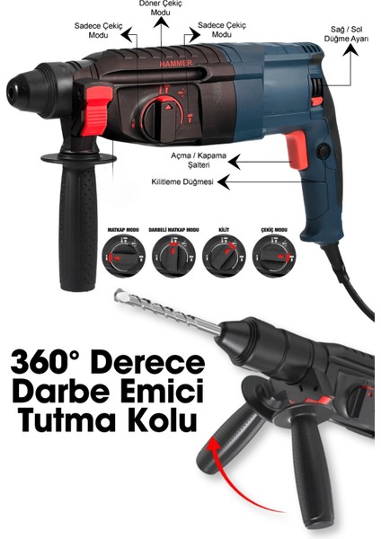 Gbh 2-26 Çelik Şanzıman Bakır Sargılı 800 W Kırıcı Delici Hilti Matkap + 5 Adet Uç Yedek Çelik Mandren Pas Sökücü Hediye