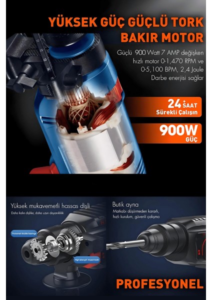 Gbh 2-26 Çelik Şanzıman Bakır Sargılı 800 W Kırıcı Delici Hilti Matkap + 5 Adet Uç Yedek Çelik Mandren Pas Sökücü Hediye