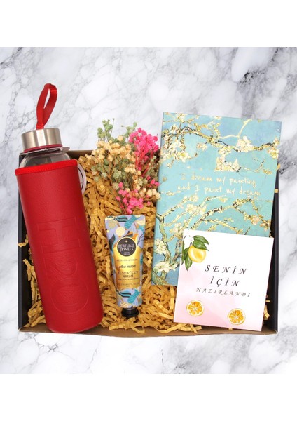 Hediye Kutusu - Cam Matara & Defter & Krem