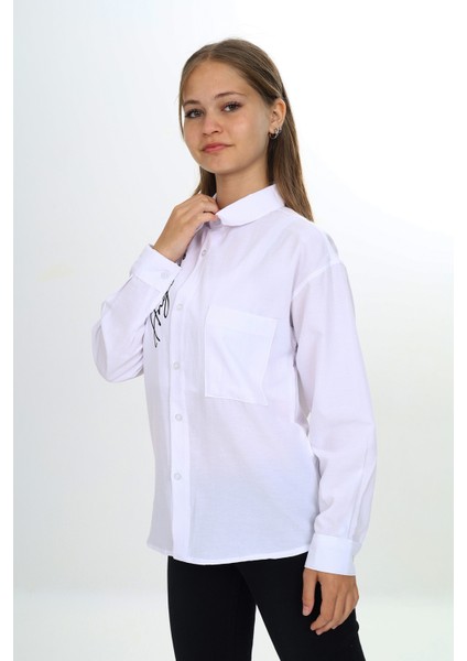 Kız Çocuk Tek Cepli Dikey Baskılı Gömlek 9-14 Yaş LX269-2 fırsatları