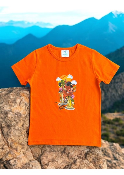 Disney Aslan Kral Model Turuncu Pamuklu Penye Kumaş Kısa Kollu Çocuk Tişört