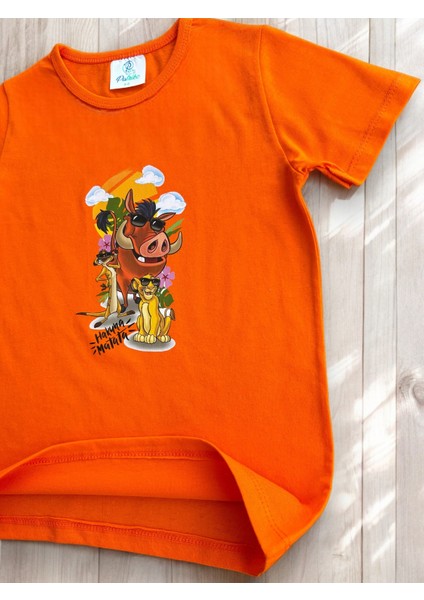 Disney Aslan Kral Model Turuncu Pamuklu Penye Kumaş Kısa Kollu Çocuk Tişört modelleri