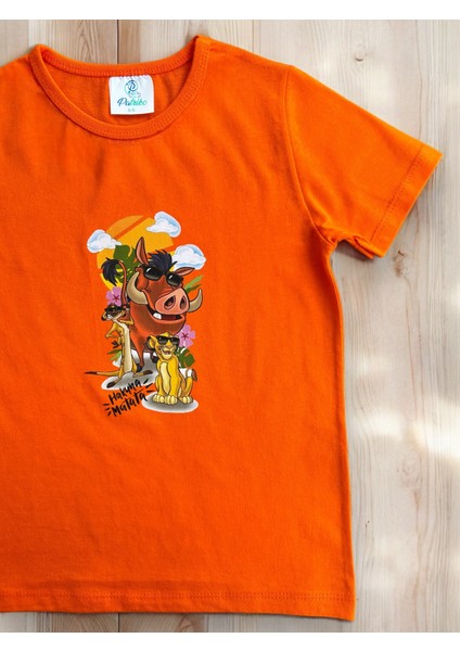Disney Aslan Kral Model Turuncu Pamuklu Penye Kumaş Kısa Kollu Çocuk Tişört fırsatları